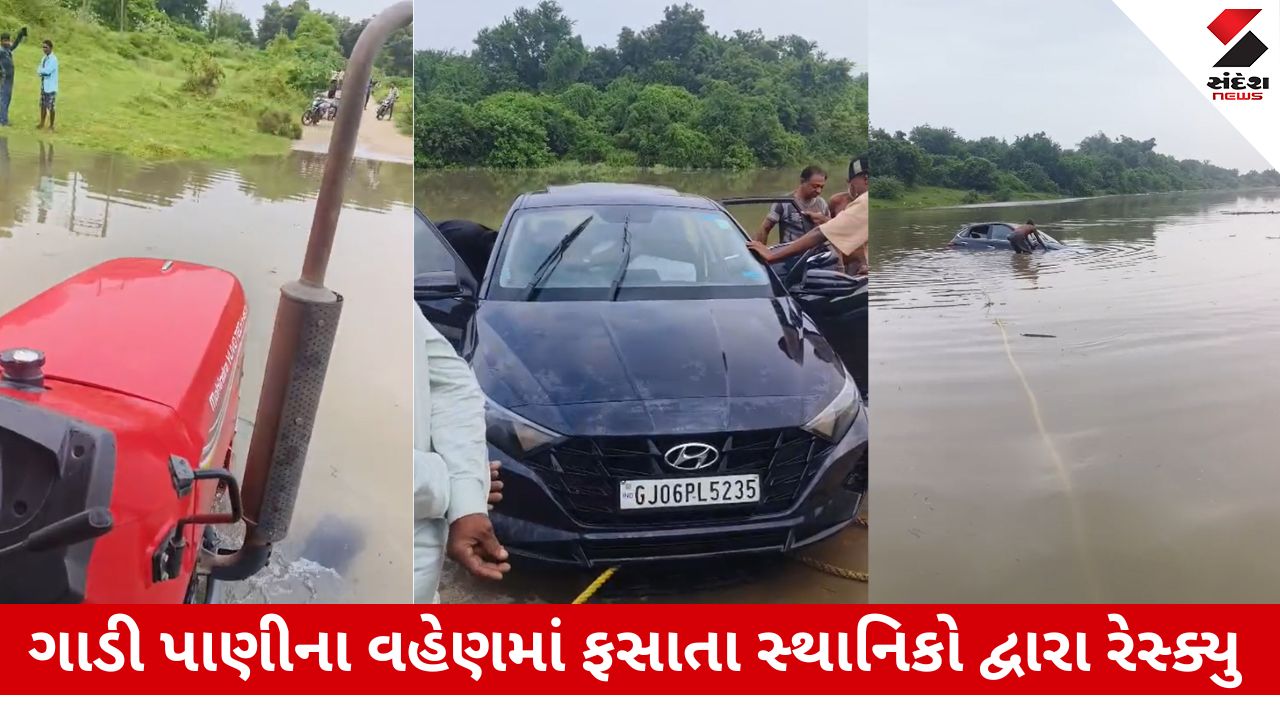 Vadodara News: વ્યાસ બેટ પાસે નર્મદાના પાણીમાં સહેલાણીઓની કાર ફસાઈ, સ્થાનિકોએ રેસ્ક્યુ કરી.