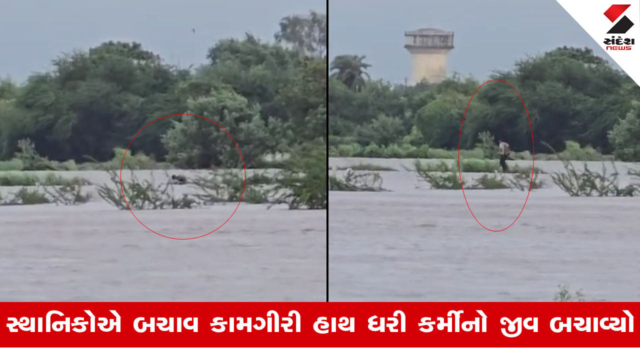 Dwarkaના જામ કલ્યાણપુરમાં સાની ડેમના કોઝવે પર પીજીવીસીએલનો કર્મી પાણીના પ્રવાહમાં તણાયો