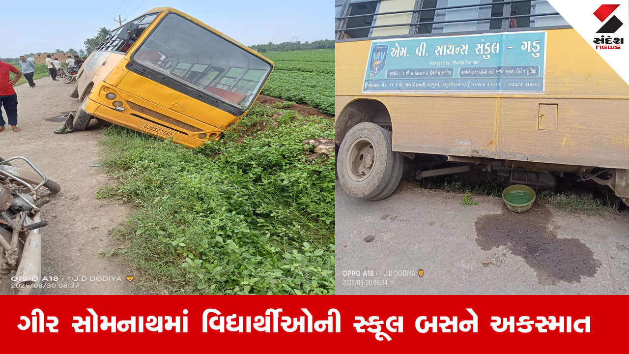 ગીર સોમનાથ: વિદ્યાર્થીઓ ભરેલી સ્કૂલ બસ રોડની સાઈડમાં ઉતરી, દોડધામ; કોઈ જાનહાની નહીં, વાલીઓએ રાહત અનુભવી.
