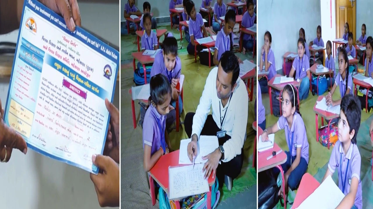 મહેસાણાની એક શાળામાં વિદ્યાર્થીઓને અક્ષર સુધારવા માટે પ્રોત્સાહિત કરવામાં આવી રહ્યા છે