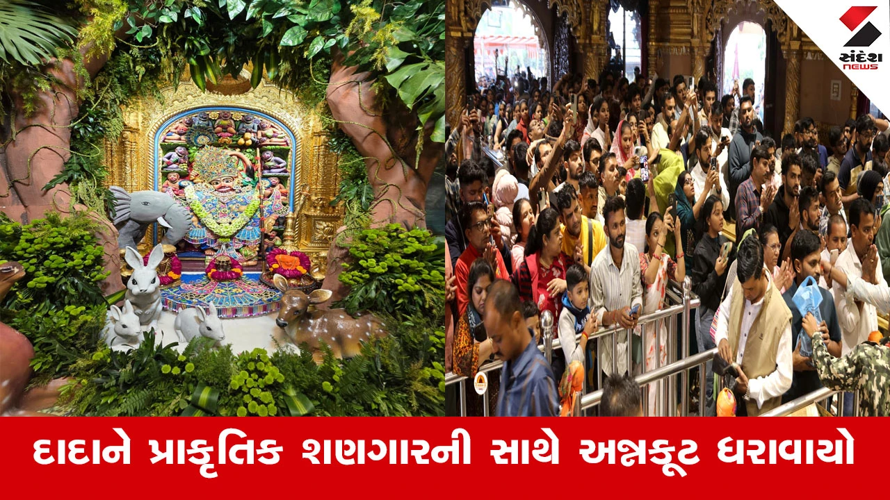 સાળંગપુરમાં કષ્ટભંજનદેવ હનુમાનજીને 251 કિલો સુખડી-મેસુબ-મોહનથાળનો અન્નકૂટ ધરાવાયો અને પ્રાકૃતિક શણગાર કરાયો.