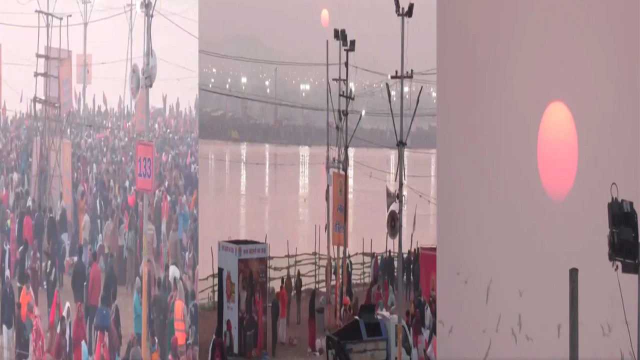 પ્રયાગરાજ માઘ મેળામાં સંગમ તટે ભક્તોની ભીડ.