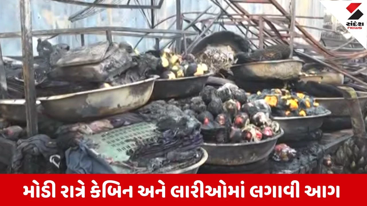 રાજકોટના એસ્ટ્રોન નાળા પાસે ફ્રૂટ લારીમાં અસામાજિક તત્વો દ્વારા આગ લગાવાતા ધંધાર્થીઓને મોટું નુકસાન.