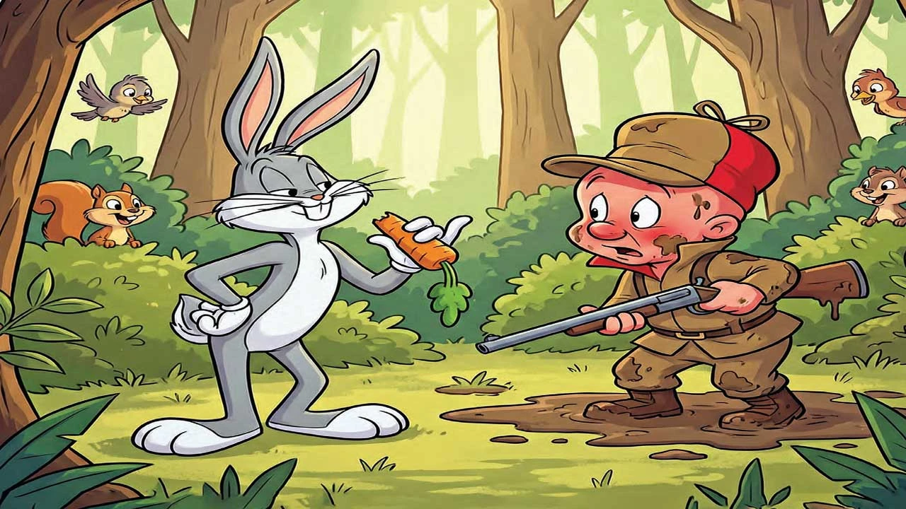 બગ્સ બની અને લાલચુ શિકારીની ચતુરાઈ: બગ્સ બનીની યુક્તિઓથી શિકારીને પરાજિત કરવાની વાર્તા.