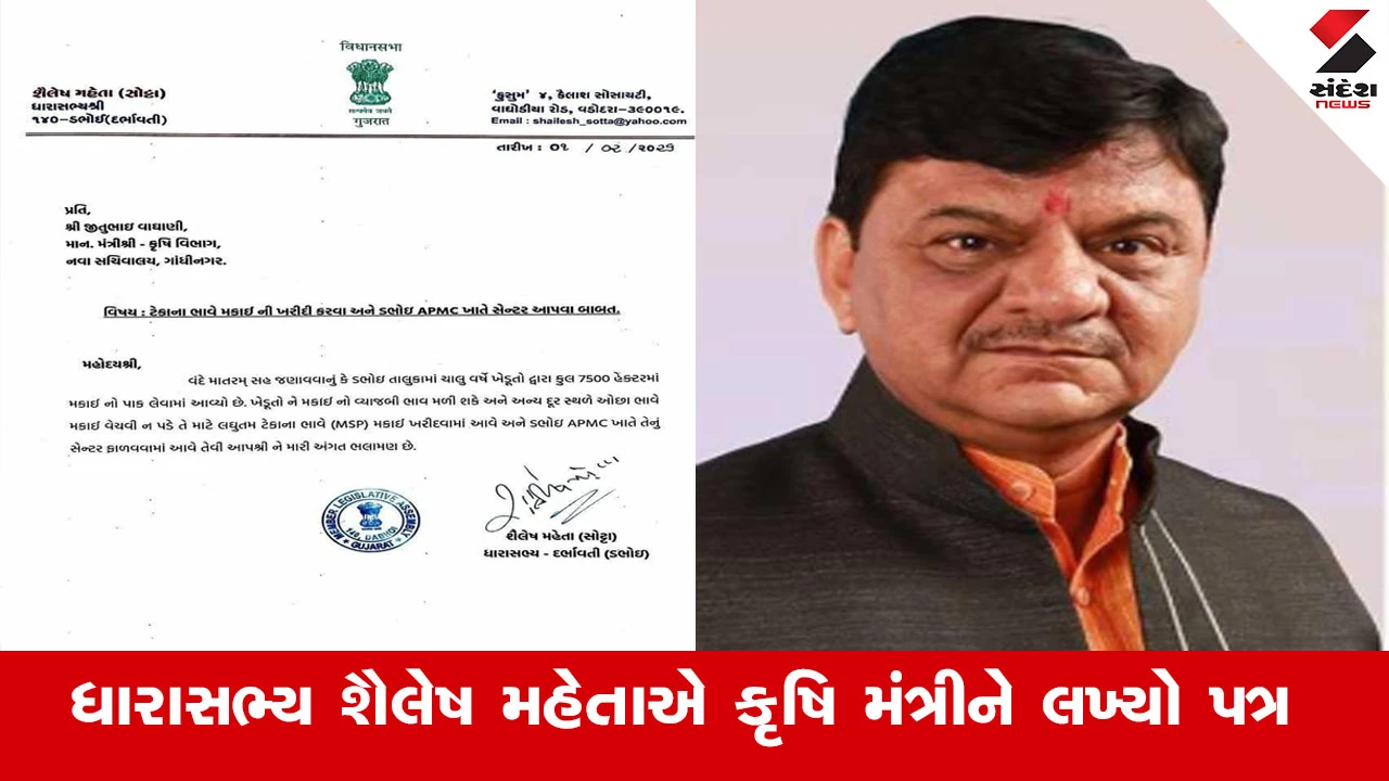 Vadodara News : ડભોઇના MLA શૈલેષ મહેતાએ કૃષિ મંત્રીને લખ્યો પત્ર, MSPના ભાવે મકાઇની ખરીદી માટે ચિંતા વ્યકત કરી 