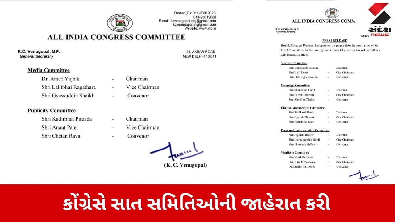 Gujarat Local Body Elections 2026: કોંગ્રેસે સાત સમિતિઓની જાહેરાત કરી, જાણો કોને મળી કઈ જવાબદારી? 
