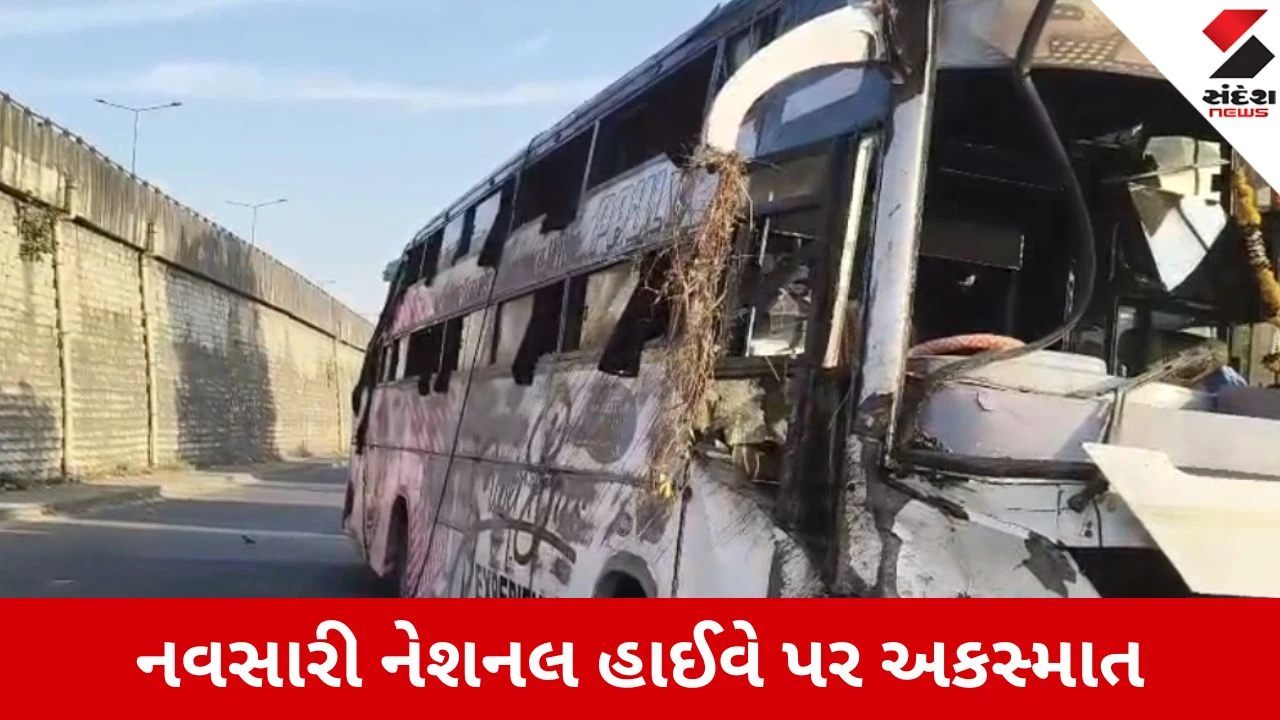 નવસારી નજીક નેશનલ હાઈવે પર મુંબઈ-અમદાવાદની લક્ઝરી બસ પલટી, 5 મુસાફરોને ઈજા થઈ.