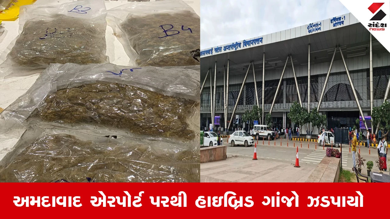 અમદાવાદ એરપોર્ટ પર ગાંજાની હેરાફેરી, બેંગકોકથી આવેલા બે મુસાફરો પાસેથી હાઈબ્રિડ ગાંજો ઝડપાયો.