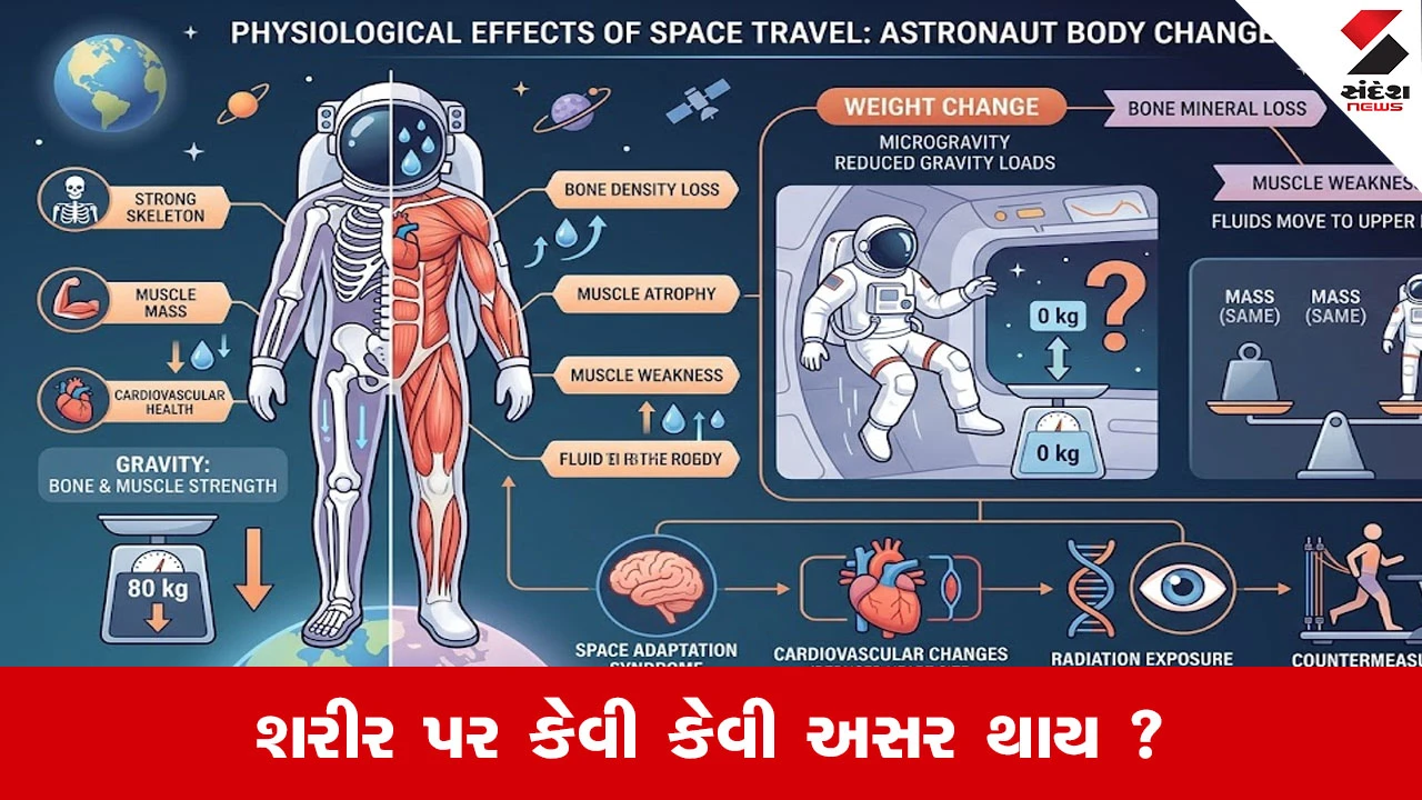 સ્પેસમાં જતા અંતરિક્ષ યાત્રીઓના શરીર પર થતી અસરો અને વજનમાં ફેરફાર.