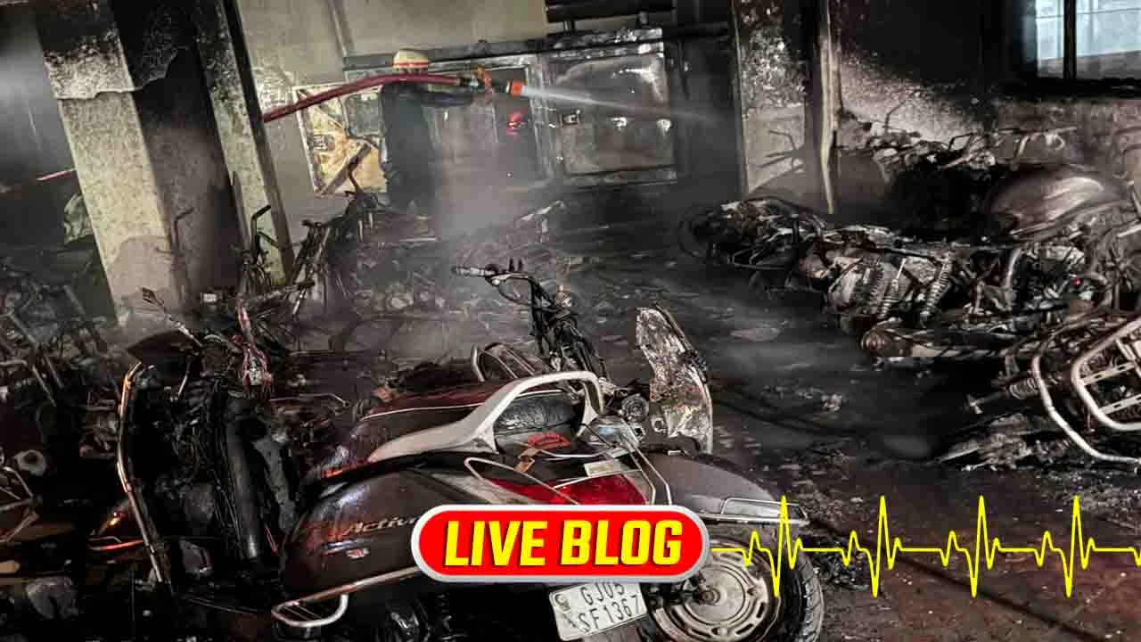 સુરતમાં મોડેન ટાઉન રેસીડેન્સીના પાર્કિંગમાં આગ, 17-18 વાહનો ખાખ.