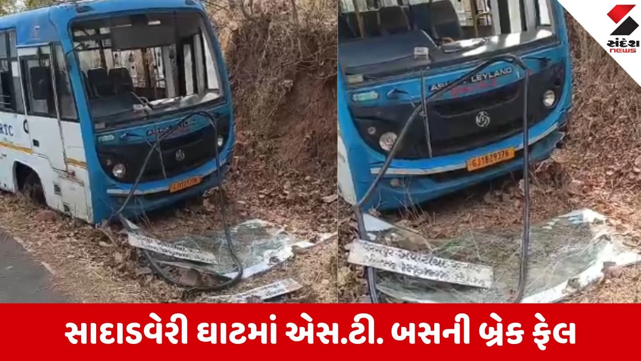 વલસાડના ધરમપુરમાં ST બસની બ્રેક ફેલ થતા ડ્રાઈવરે 19 મુસાફરોને બચાવ્યા.