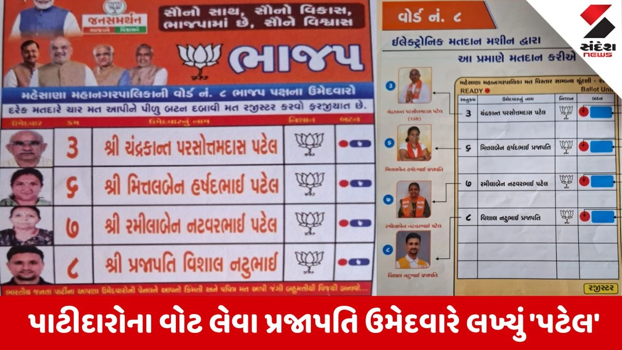 Local Body Elections 2026: મહેસાણા ચૂંટણીમાં 'અટક'નું રાજકારણ, પાટીદારોના વોટ લેવા પ્રજાપતિ ઉમેદવારે સ્લીપમાં લખ્યું 'પટેલ', સોશિયલ મીડિયામાં મચ્યો હોબાળો!