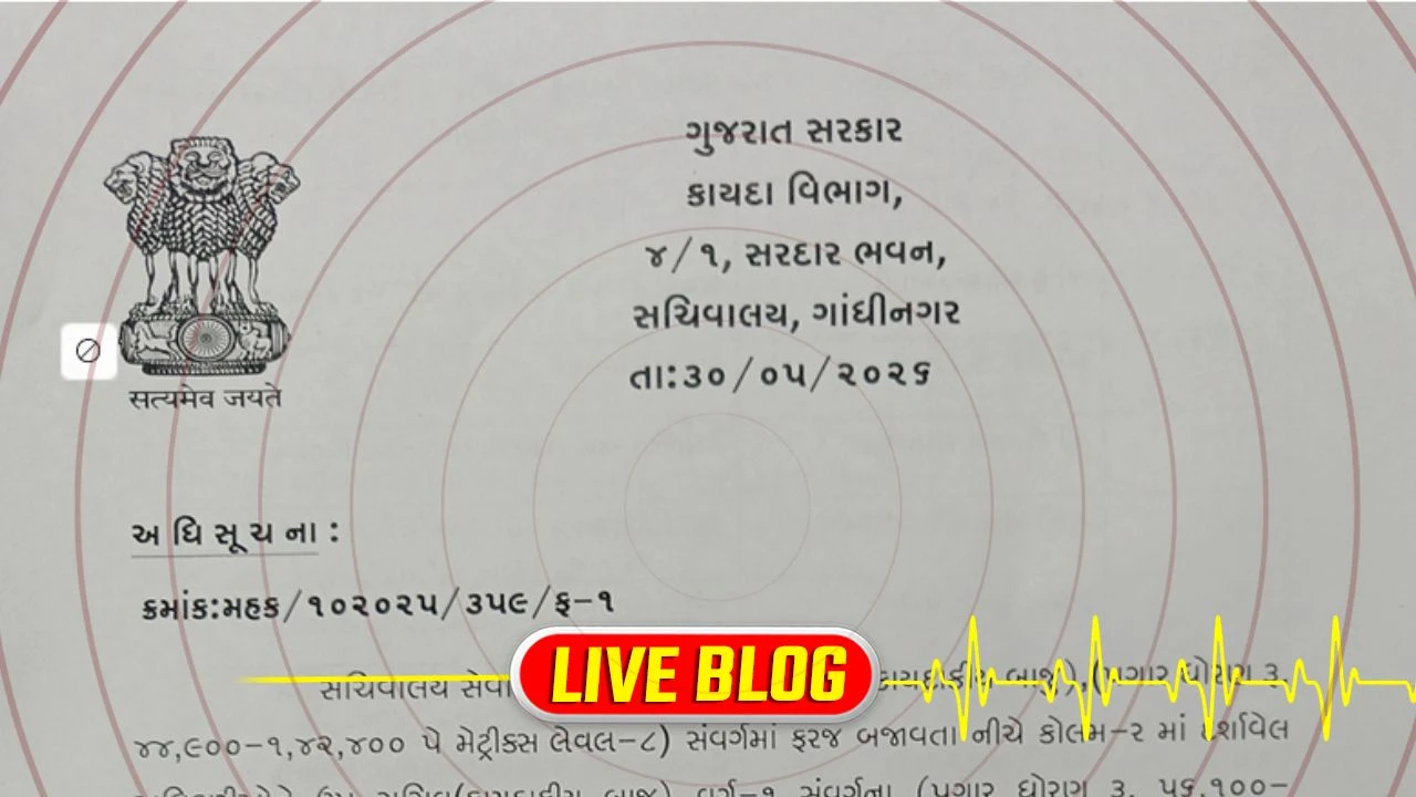 Gujarat Latest News Live:  રાજ્યના કાયદા વિભાગમાં મોટા પાયે ફેરબદલ, વર્ગ-2ના 18 સેક્શન અધિકારીઓને બઢતી સાથે બદલી