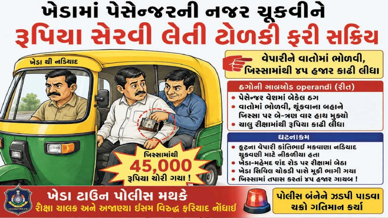 નડિયાદ: ખેડામાં રિક્ષામાં મુસાફરોના રૂપિયા સેરવતી ગેંગ સક્રિય, વેપારીના 45 હજાર ચોરાયા