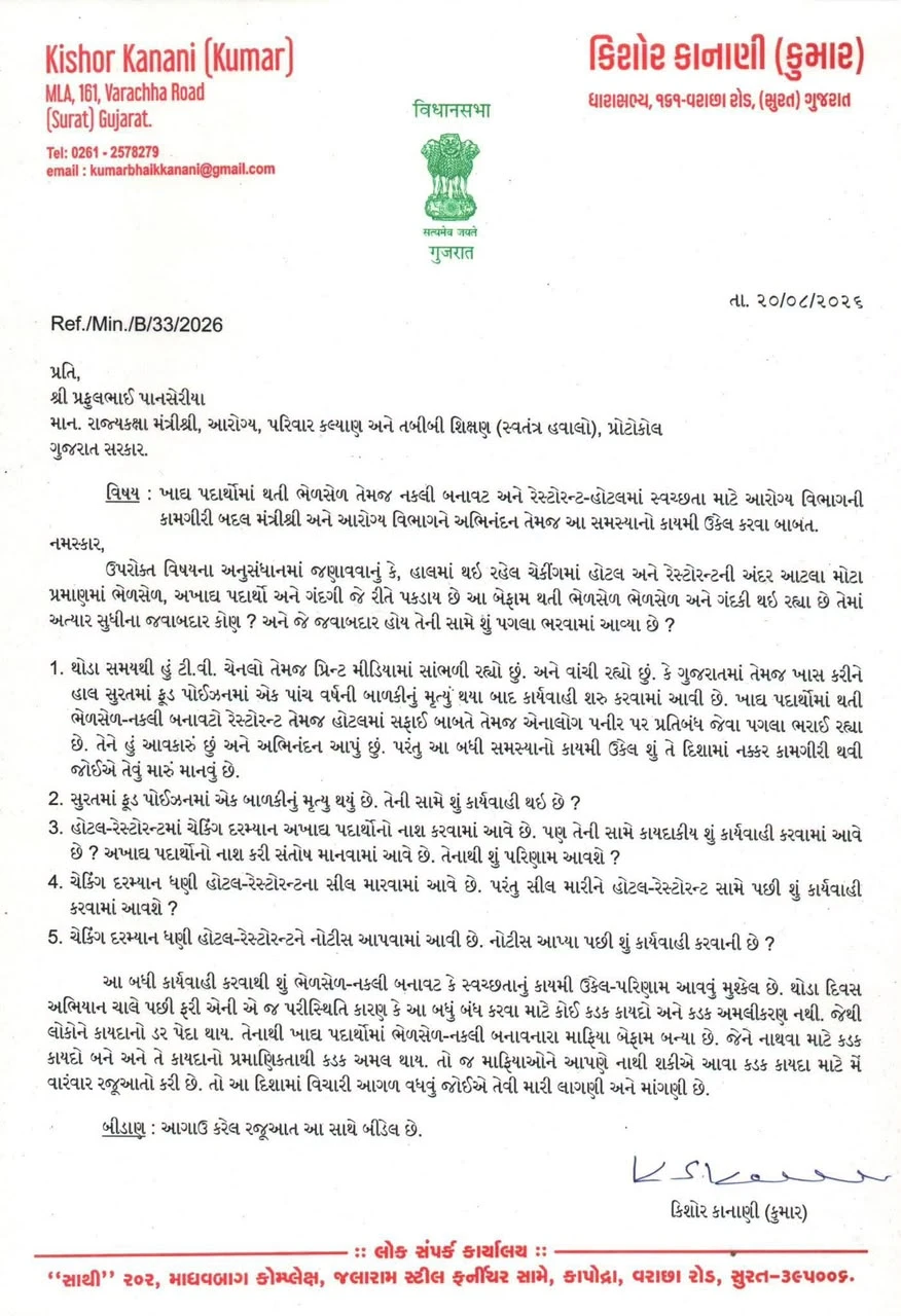 Surat News: Surat MLA Kumar Kanani Writes to Health Minister Demanding Strict Law on Food Adulteration