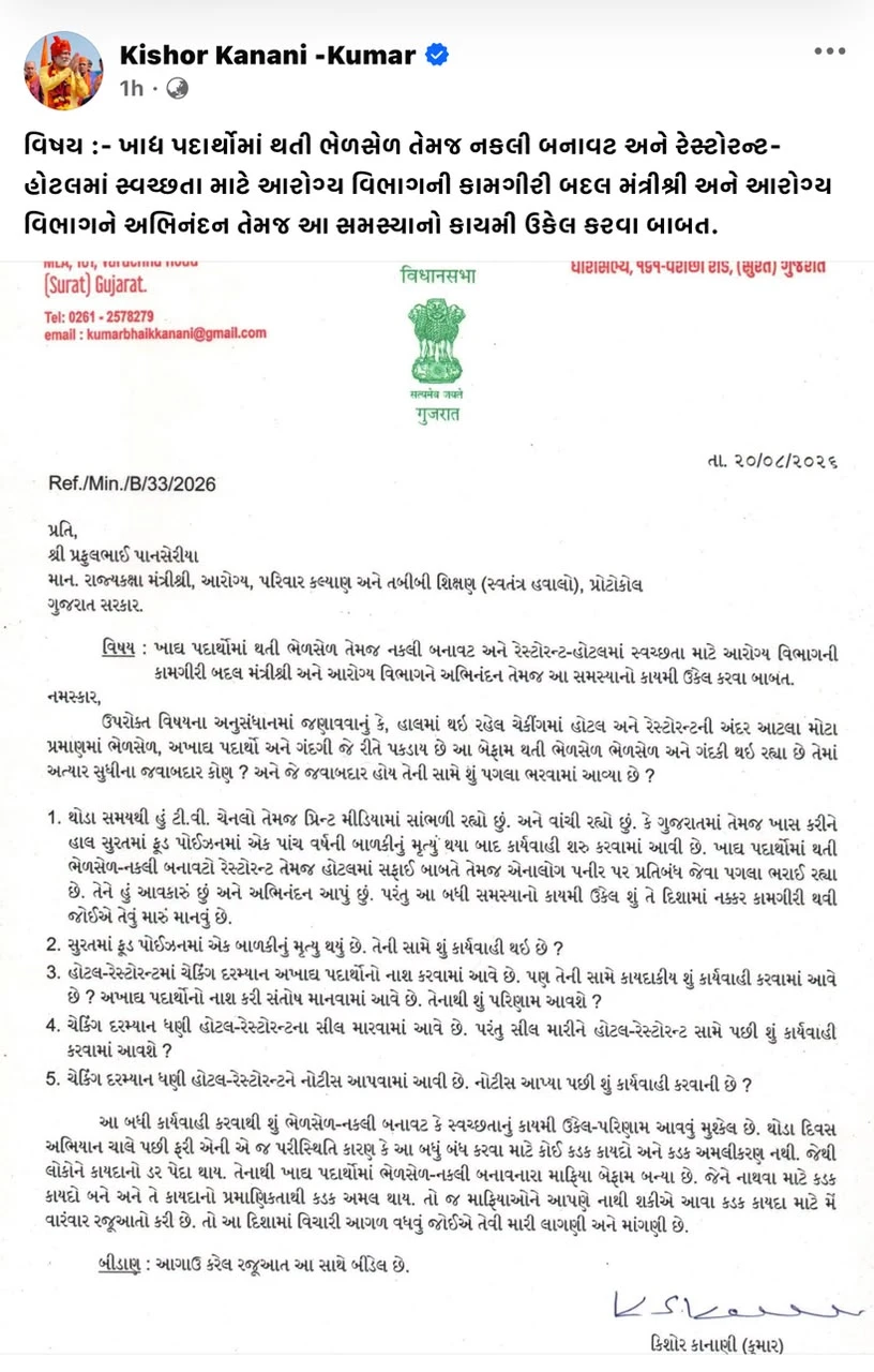 Surat News: Surat MLA Kumar Kanani Writes to Health Minister Demanding Strict Law on Food Adulteration