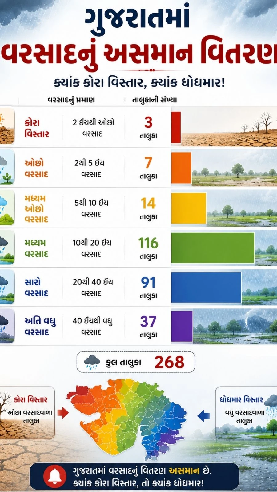 Gujarat records 41% less rain in August as Devbhumi Dwarka sees 87% deficit, raising concerns over water supply, crops and the September monsoon