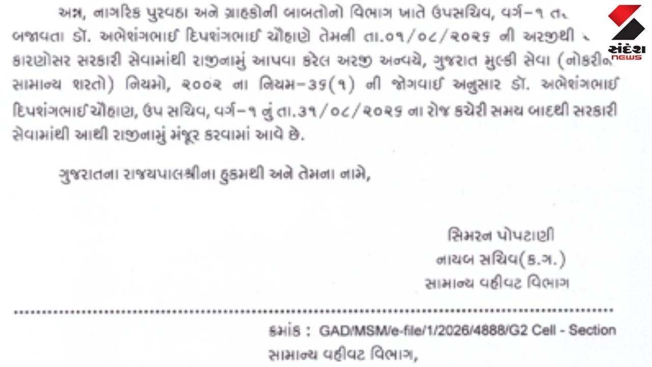 Gandhinagar Class-1 Officer Resigns as Supply Department Deputy Secretary