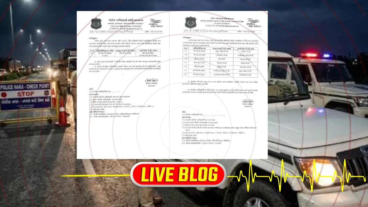 Gujarat Latest News Live: ભાવનગર લઠ્ઠાકાંડ બાદ પોલીસ બેડામાં ફેરબદલ, જિલ્લા એસપી નિતેશ પાંડેય દ્વારા 8 PI ની આંતરિક બદલી