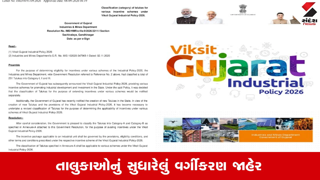 ગુજરાત સરકાર દ્વારા ઔદ્યોગિક પ્રોત્સાહન માટે 268 તાલુકાઓનું નવું વર્ગીકરણ જાહેર